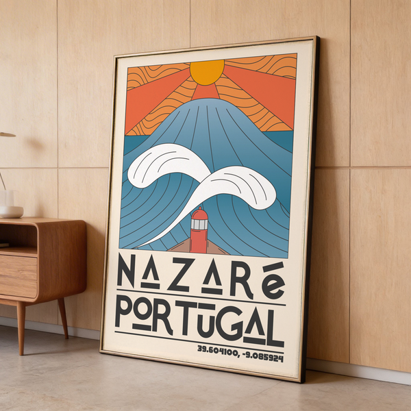 Modern travel wall art print with large curling wave, sunburst sky, and coordinates