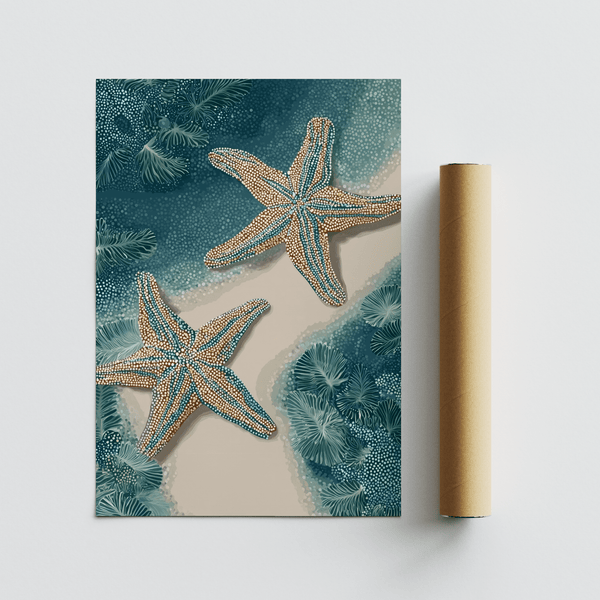 Underwater Starfish Print in Brown and Blue for study or office wall art
