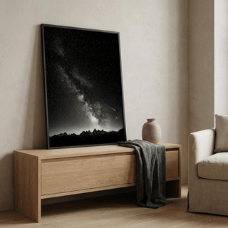 Starry Night Poster in monochrome focusing on meteor trail and dense stars above mountains