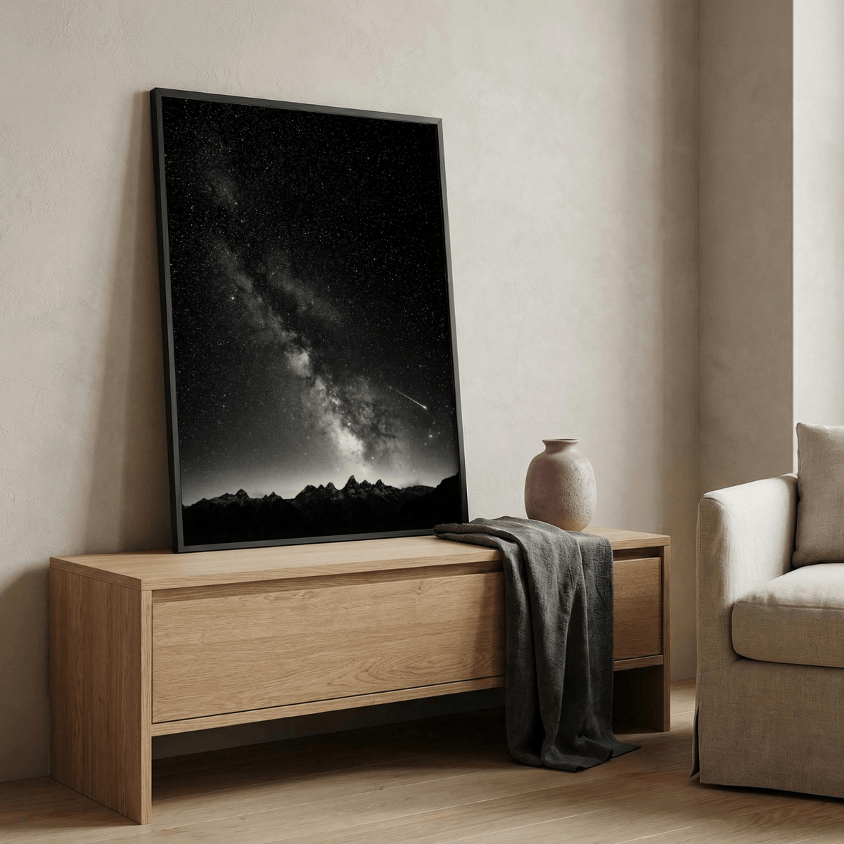 Starry Night Poster in monochrome focusing on meteor trail and dense stars above mountains