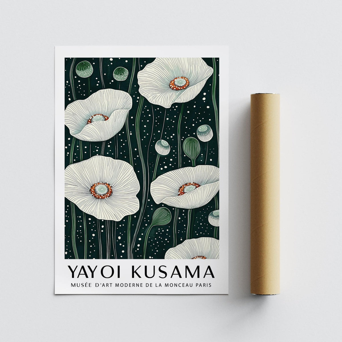 Poppy wall art print showing white poppy flowers with green stems next to a packaging tube