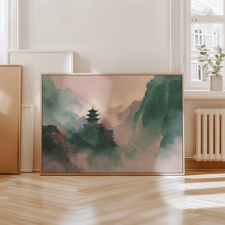 Ethereal Misty Mountain Temple Art featuring main colors Beige, Green, Pink for study wall art