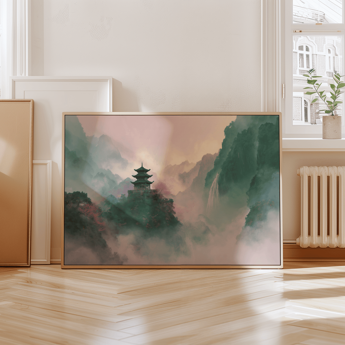 Ethereal Misty Mountain Temple Art featuring main colors Beige, Green, Pink for study wall art
