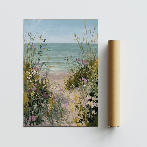 Beach Path Print wall art using Brown, Beige, Purple, and Blue for living room aesthetics