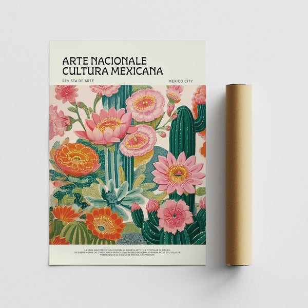 Mexican botanical print with pink petals and rich green cactus pads.
