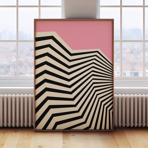 Bold minimalist geometric wall art featuring a zigzag pattern in pink and black