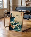 Japanese Wave Art Print with layered swells, seabirds, and distant boat