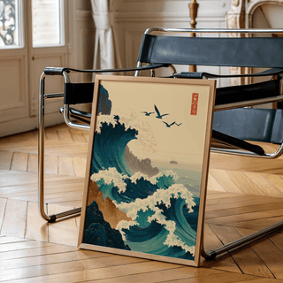 Japanese Wave Art Print with layered swells, seabirds, and distant boat