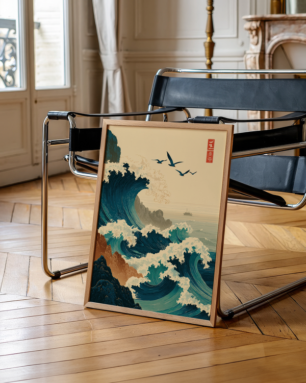 Japanese Wave Art Print with layered swells, seabirds, and distant boat