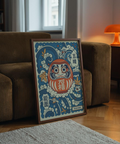 Daruma Art Print illustration in Blue, Red, Beige and Orange palette