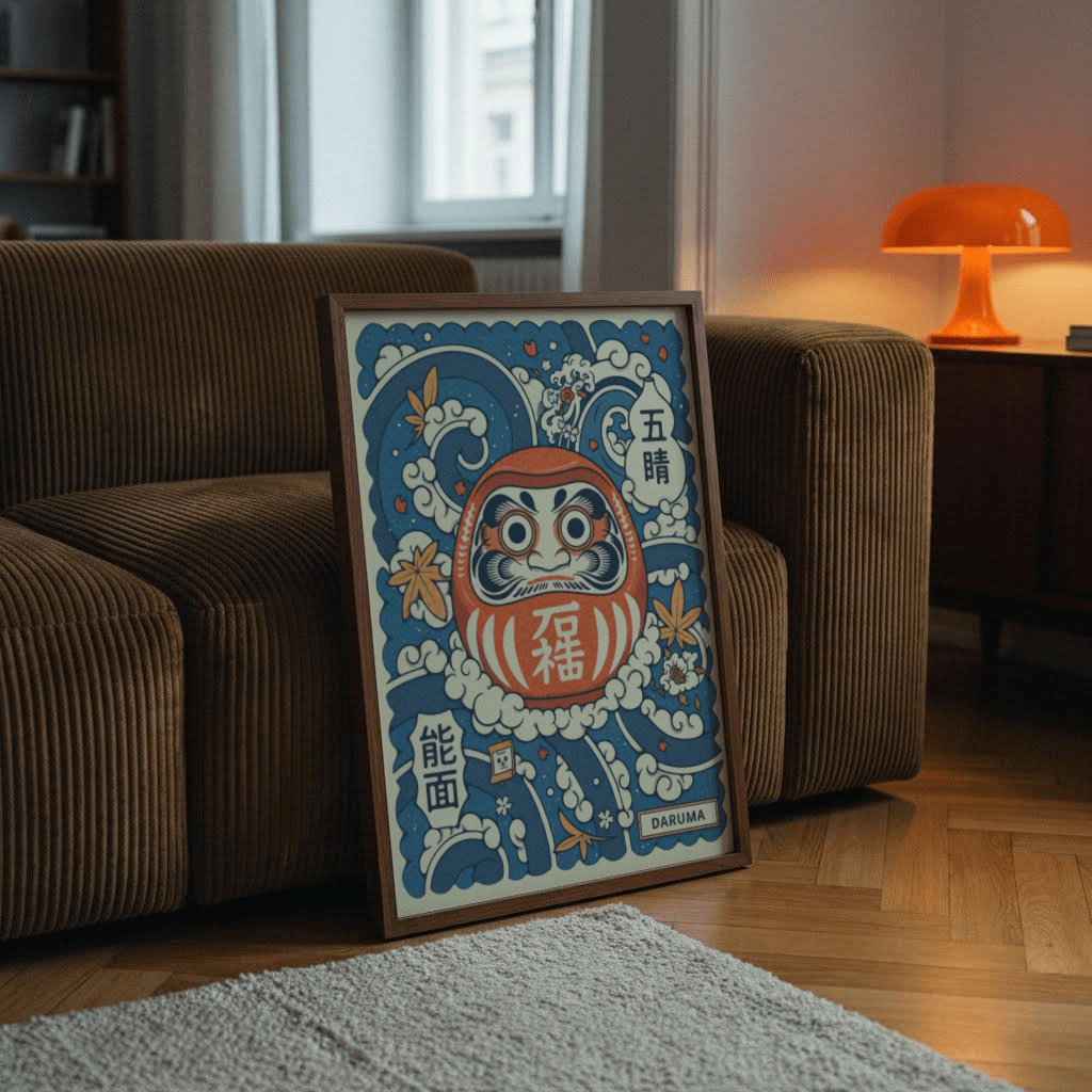 Daruma Art Print illustration in Blue, Red, Beige and Orange palette