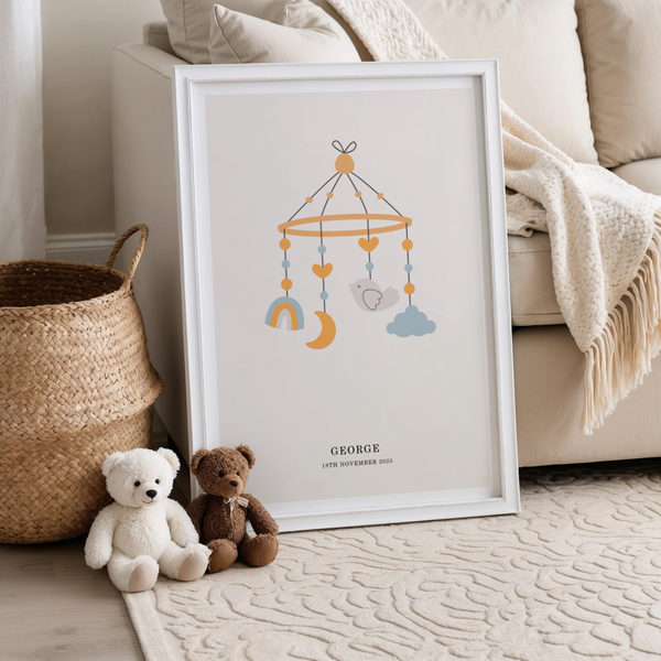 Personalised Baby Poster blue orange artwork for newborn nursery wall art