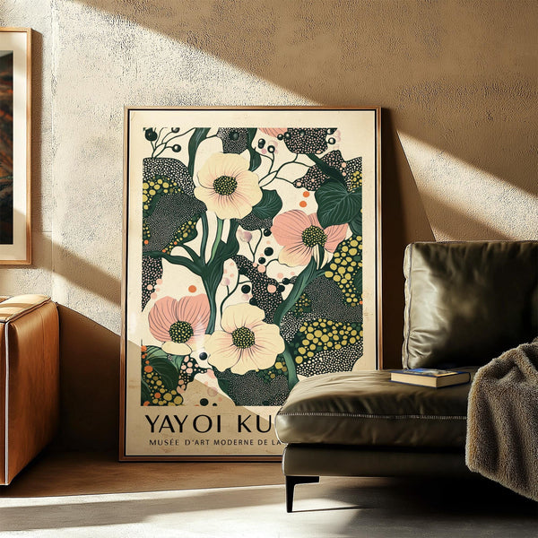 Graphic green pink wall art with layered flower forms and leafy lines