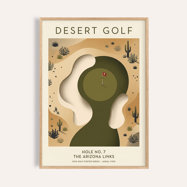 Aerial desert golf poster showing green, sand bunkers, and cacti