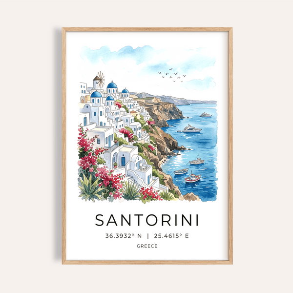 Watercolor Santorini Art Print poster with cliffside village and boats