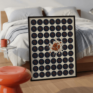 Basketball Burst Art Print showing patterned basketball circles and impact break at center