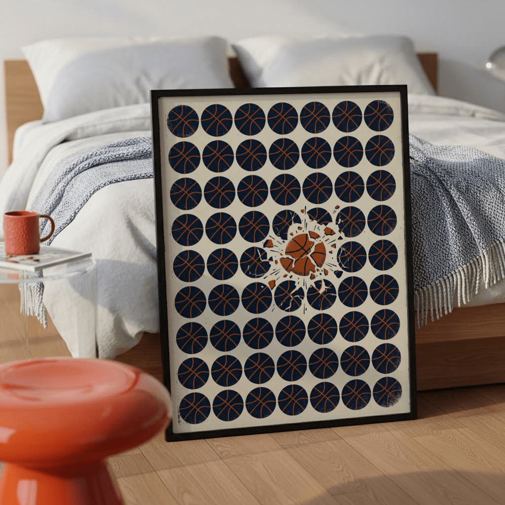 Basketball Burst Art Print showing patterned basketball circles and impact break at center