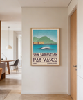 Minimalist travel illustration of San Sebastian bay in muted green blue beige