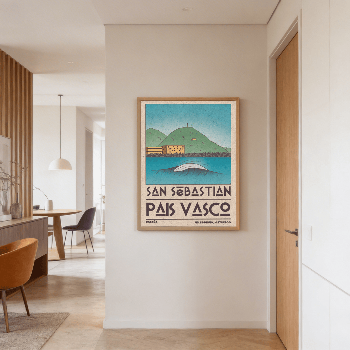 Minimalist travel illustration of San Sebastian bay in muted green blue beige