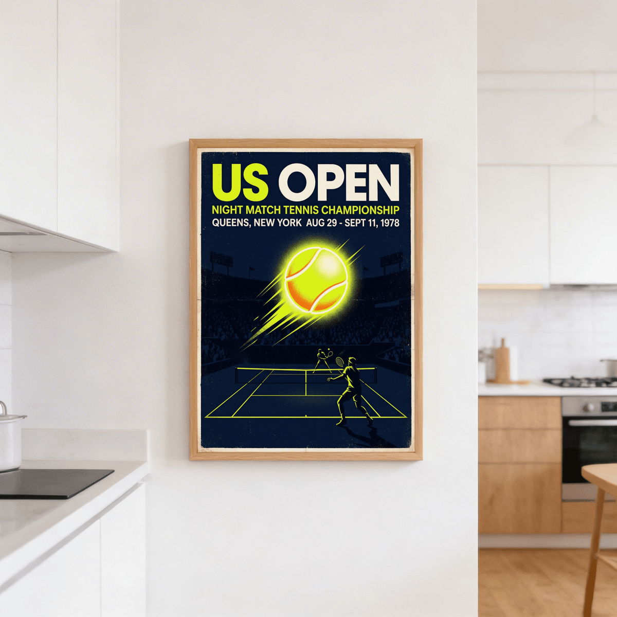 Illustrating a graphic tennis wall art print with luminous ball, angled speed lines, and minimal player figures