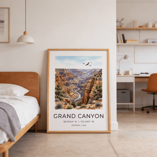 Landscape poster of the Grand Canyon with foreground plants and distant plateaus