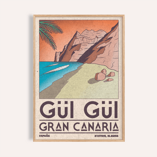 Gran Canaria Beach Art Print poster with curved shoreline, cliffs, and palm frond