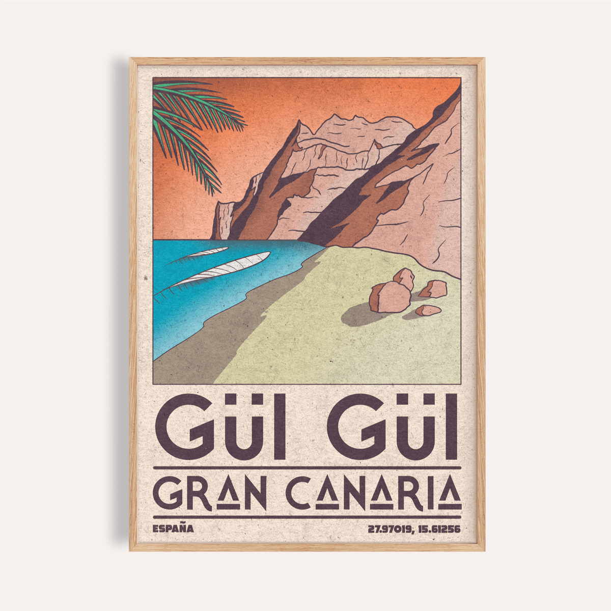 Gran Canaria Beach Art Print poster with curved shoreline, cliffs, and palm frond