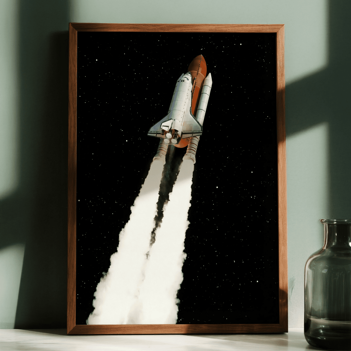 Rocket Launch Wall Art, Black night sky with White smoke, study print