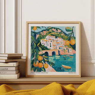 Amalfi Coast Painting of Atrani with turquoise water and citrus branches.