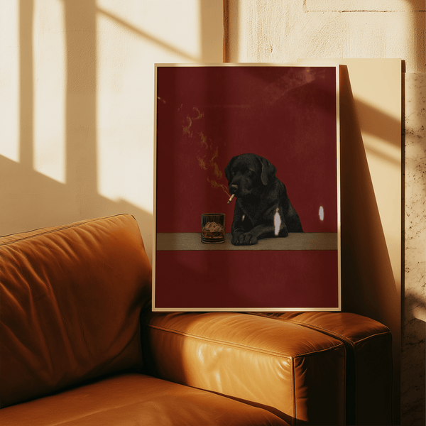 Smoking Dog Wall Art piece, perfect for lounge with red tones