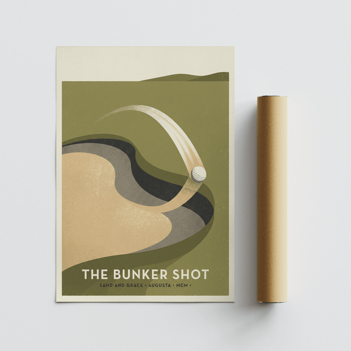 Vintage inspired golf sand trap scene in flat geometric shapes