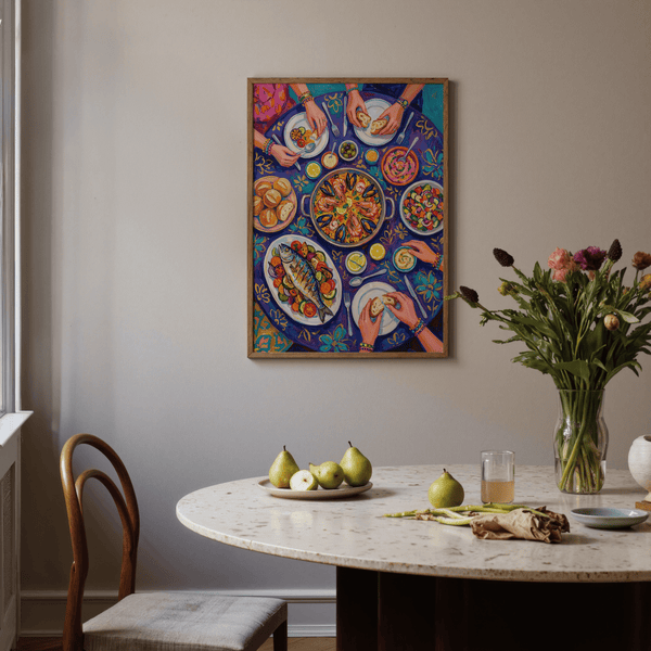 Food Art Print showing vibrant dinner table in multicolored style, wall art
