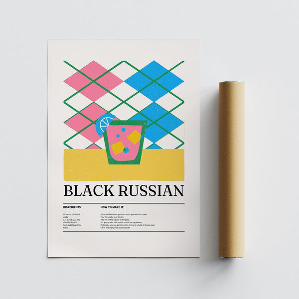 Black Russian recipe poster for bold, midcentury-inspired decor.