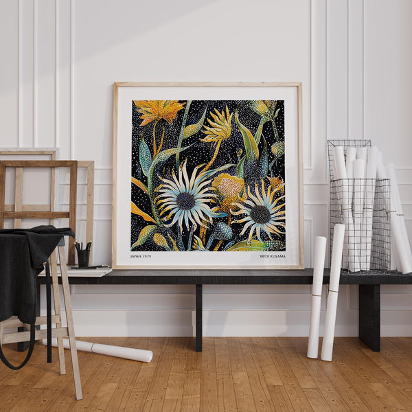 Abstract Art Floral piece showcasing detailed petals in blue, cream, and yellow.