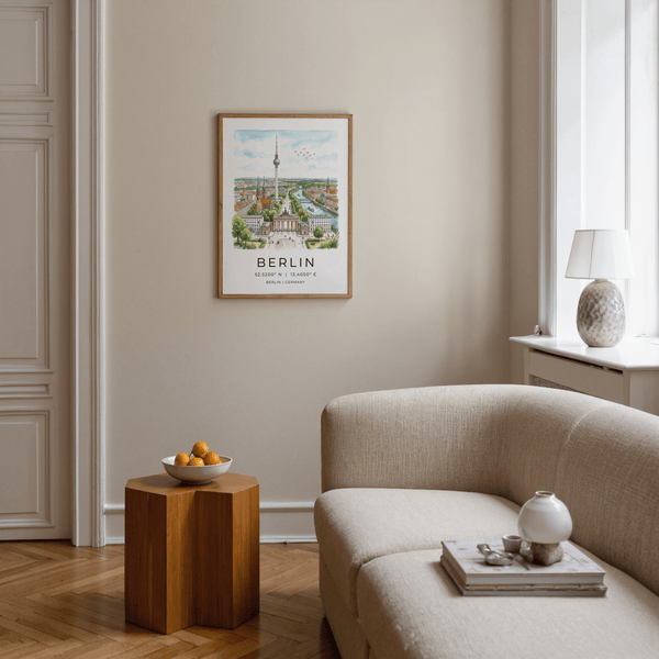 Framed Berlin City Art Print hung on white wall above wooden console