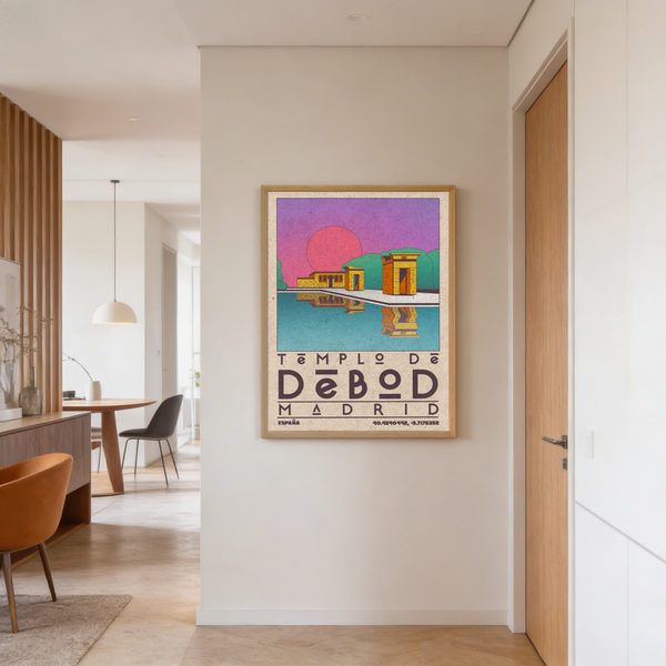 Classic Templo De Debod Art Print poster with large sun circle and temple