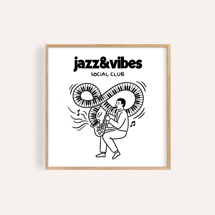 Jazz Social Club Art Print in Black and White for living room wall art
