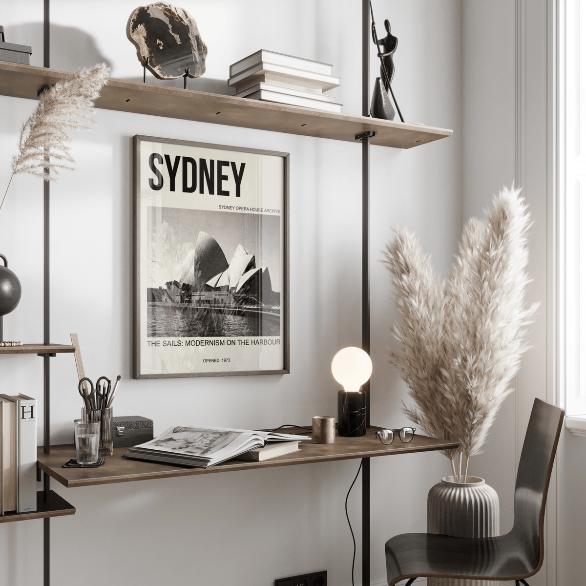 Sydney Opera House Art Print hanging in minimalist workspace with beige accents