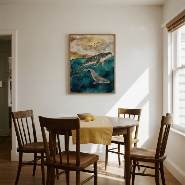 Whale Art Print Blue and Gold serene marine wall art for office