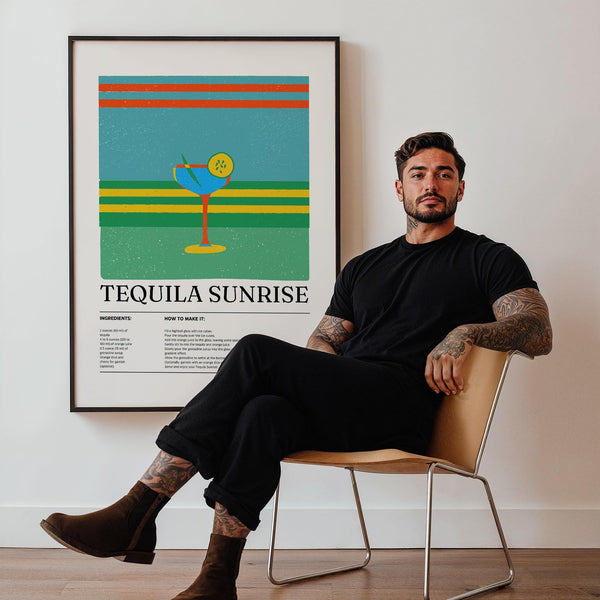 Colorful tequila cocktail print featuring citrus garnish and vintage design.