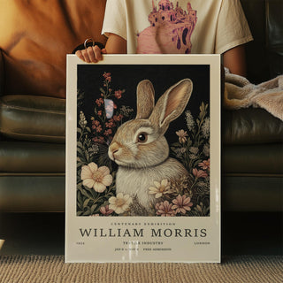 Vintage rabbit art with hand-drawn bunny illustration and soft floral patterns.