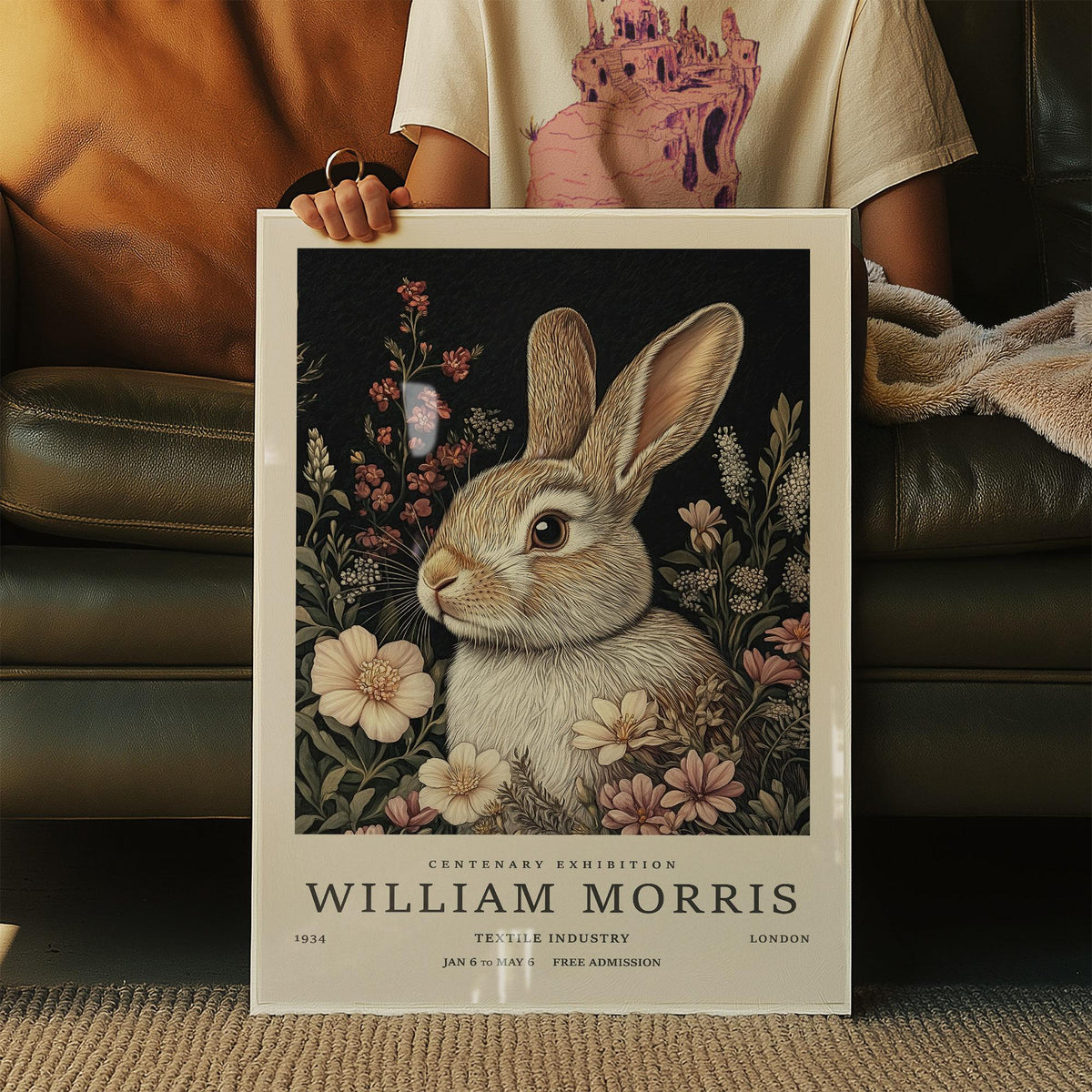 Vintage rabbit art with hand-drawn bunny illustration and soft floral patterns.