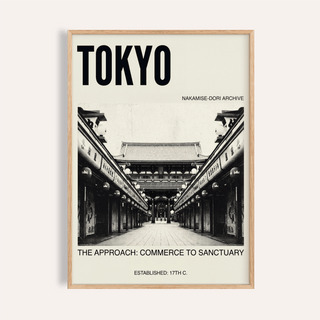 Front view of Nakamise Dori Art Print poster with TOKYO text and symmetrical street leading to a temple gate