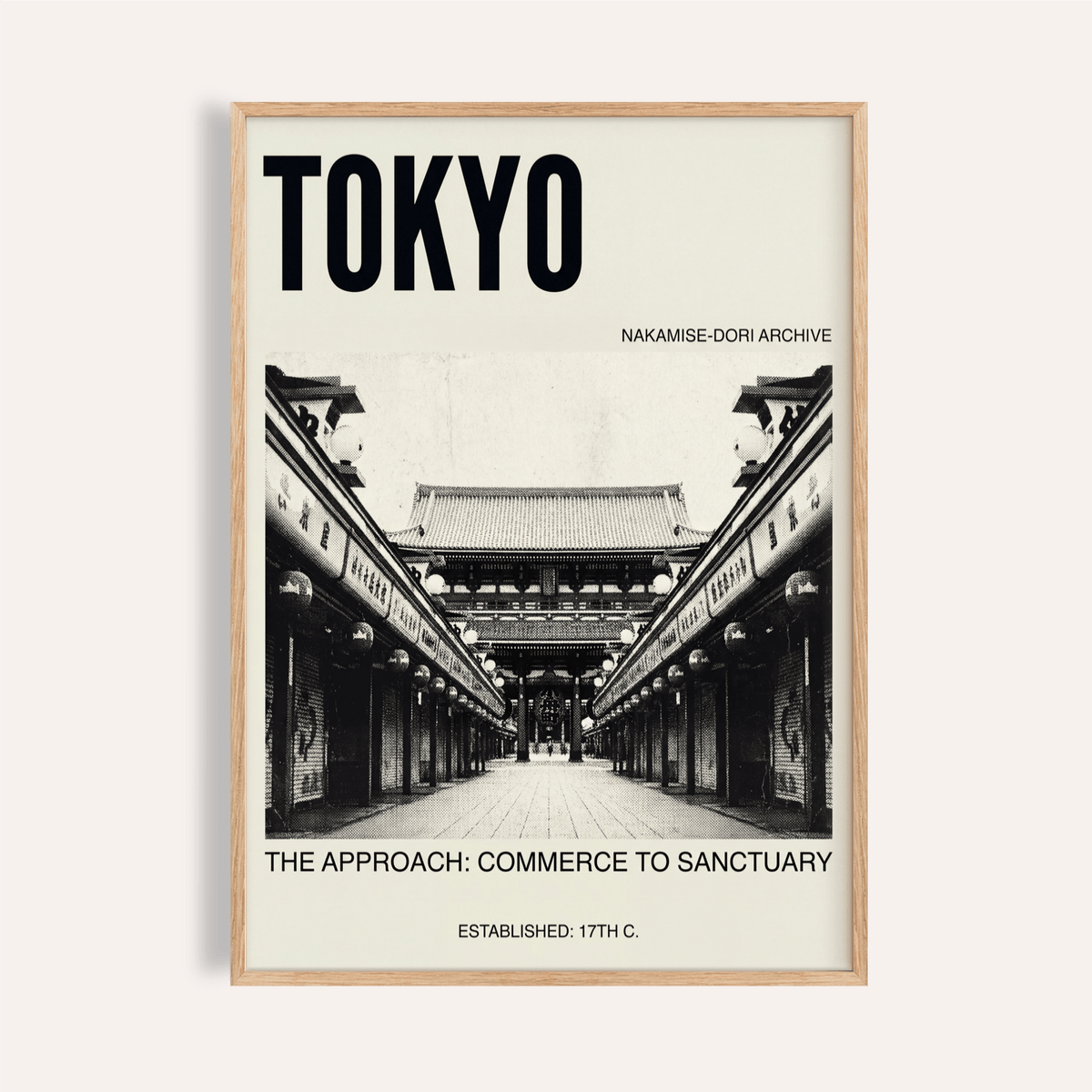 Front view of Nakamise Dori Art Print poster with TOKYO text and symmetrical street leading to a temple gate