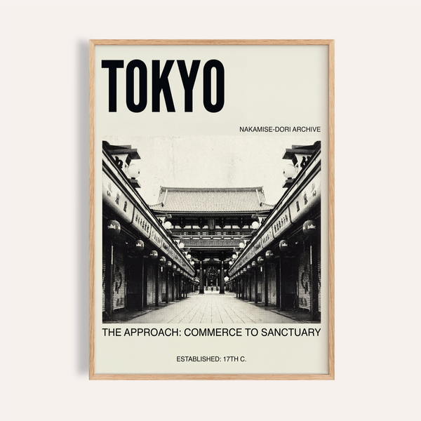 Front view of Nakamise Dori Art Print poster with TOKYO text and symmetrical street leading to a temple gate