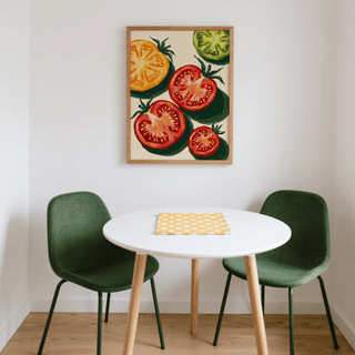 Italian Tomatoes Print for modern kitchens, featuring green accents and art print style