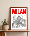 Detailed black line Milan architecture poster with birds, sun icon, and layered buildings