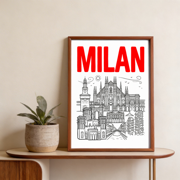 Detailed black line Milan architecture poster with birds, sun icon, and layered buildings