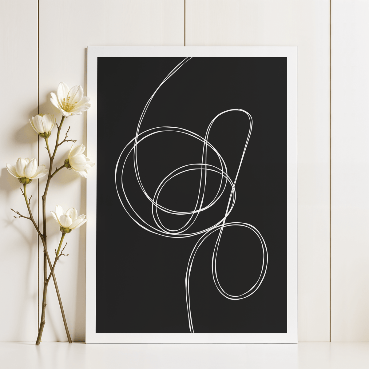 Modern Black and White Art print featuring sweeping single stroke