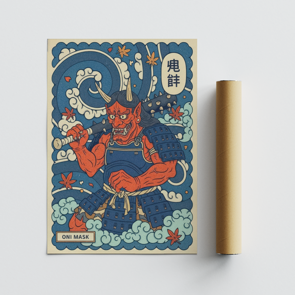 Decorative Japanese Oni Mask Print poster showing oni in armor with a club over the shoulders